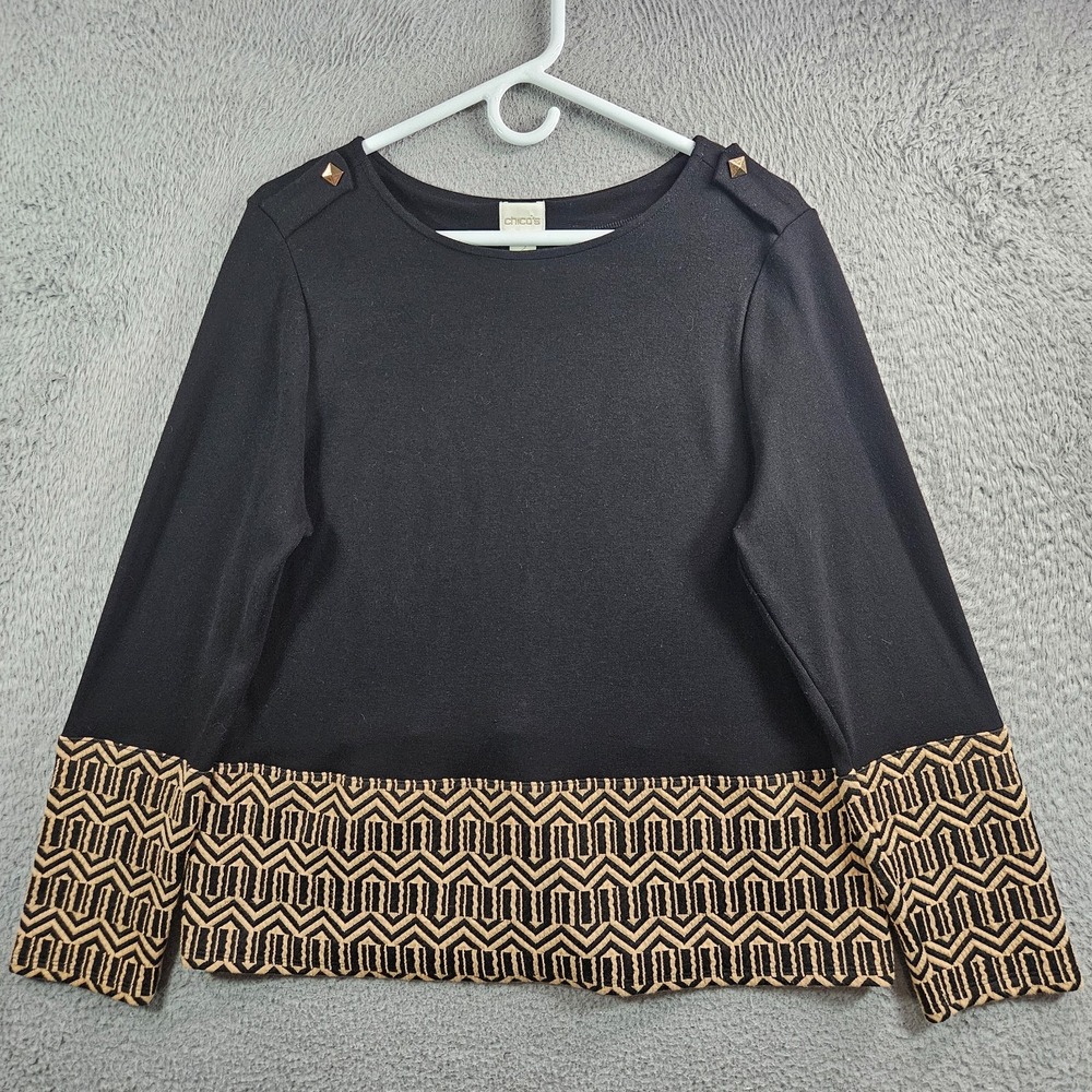 Chico's Top Blouse Women Size 2 Geometric Trim‎ Stretch Black
